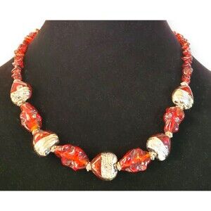 Vintage Red Chunky Glass Bead Necklace 18" Gold-Tone Heart Accents Statement